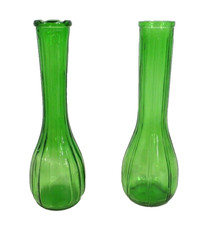 Two vintage green glass bud vases one is PGC approx 8.75" tall