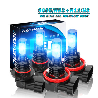 Combo 9005+H11 LED Headlight High Low Beam Bulbs 8000K Ice Blue Super Bright