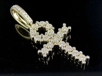 14K Yellow Gold Real Diamond Egyptian Cluster Ankh Cross Pendant 1 1 5 Ct 2.2