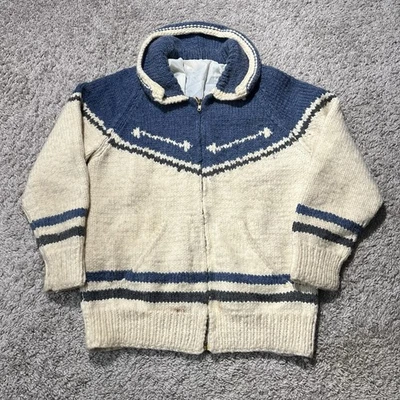 True Vintage Cowichan Wool Zip Sweater Ivory Blue Womens Small 1970s 60s C&C - Image 1 of 4
