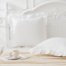 Set of 2 Ruffle Euro Pillow Shams 26x26 - 100 Washed Cotton White Cushion Cover