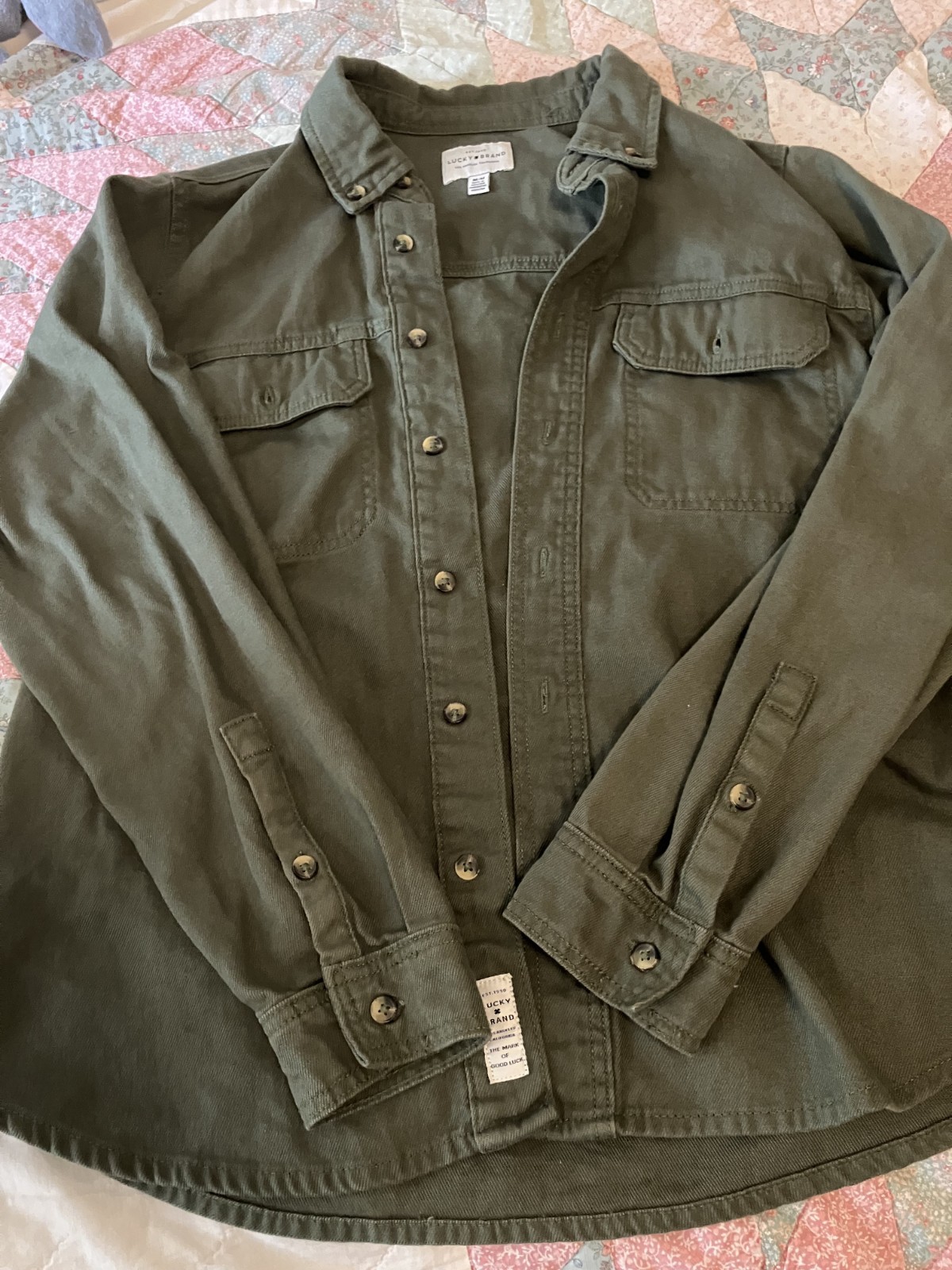 Lucky Brand Womens Jacket Medium Olive Green Chest Pockets Button Up
