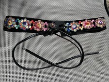 Vintage Hy-Tex Hippie Floral embroidered On Velvet adjustable Size 14 Tie belt