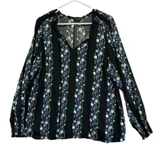 Talbots L Black and Floral Flowing Blouse Long Sleeve Rayon EUC Fairygoth