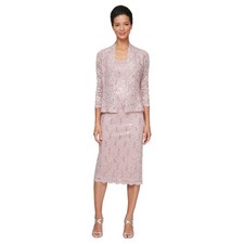 Women's Tea Length Sequin Lace Special Occasion Dress with Illusion Sleeve Ja...