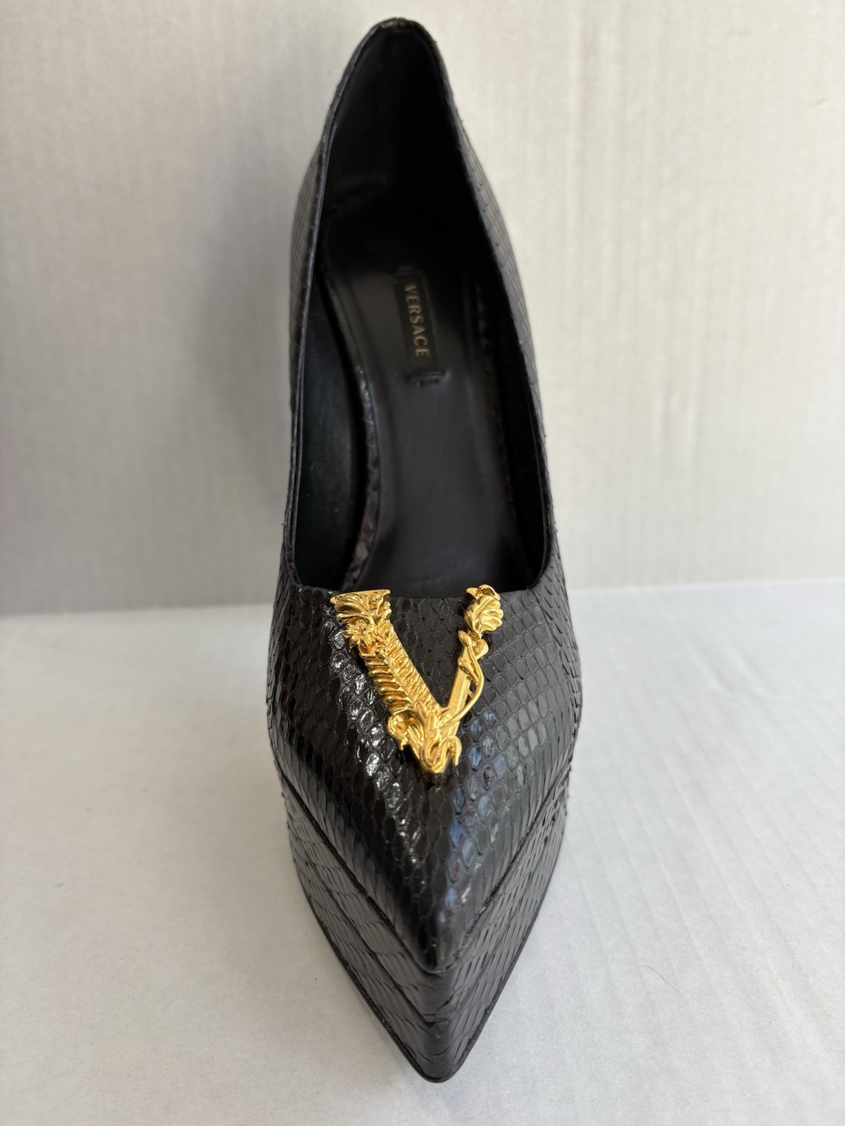Versace Black Python Snakeskin Playform High Heel… - image 17