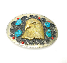 Turquoise Eagle Belt Buckle German Silver  Brass Large XL Size - 4x6" Handmade
