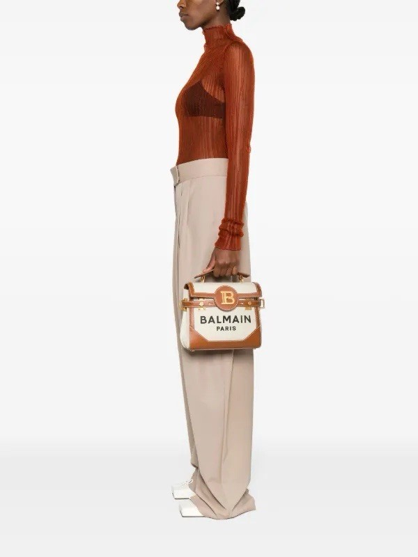 Balmain B-Buzz 23 Logo Canvas & Leather Top Handle Bag Natural image 3