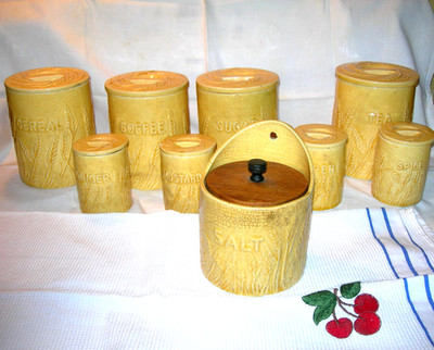 Antique Hull Pottery  9 pc Cannister Set Wheat Design RARE