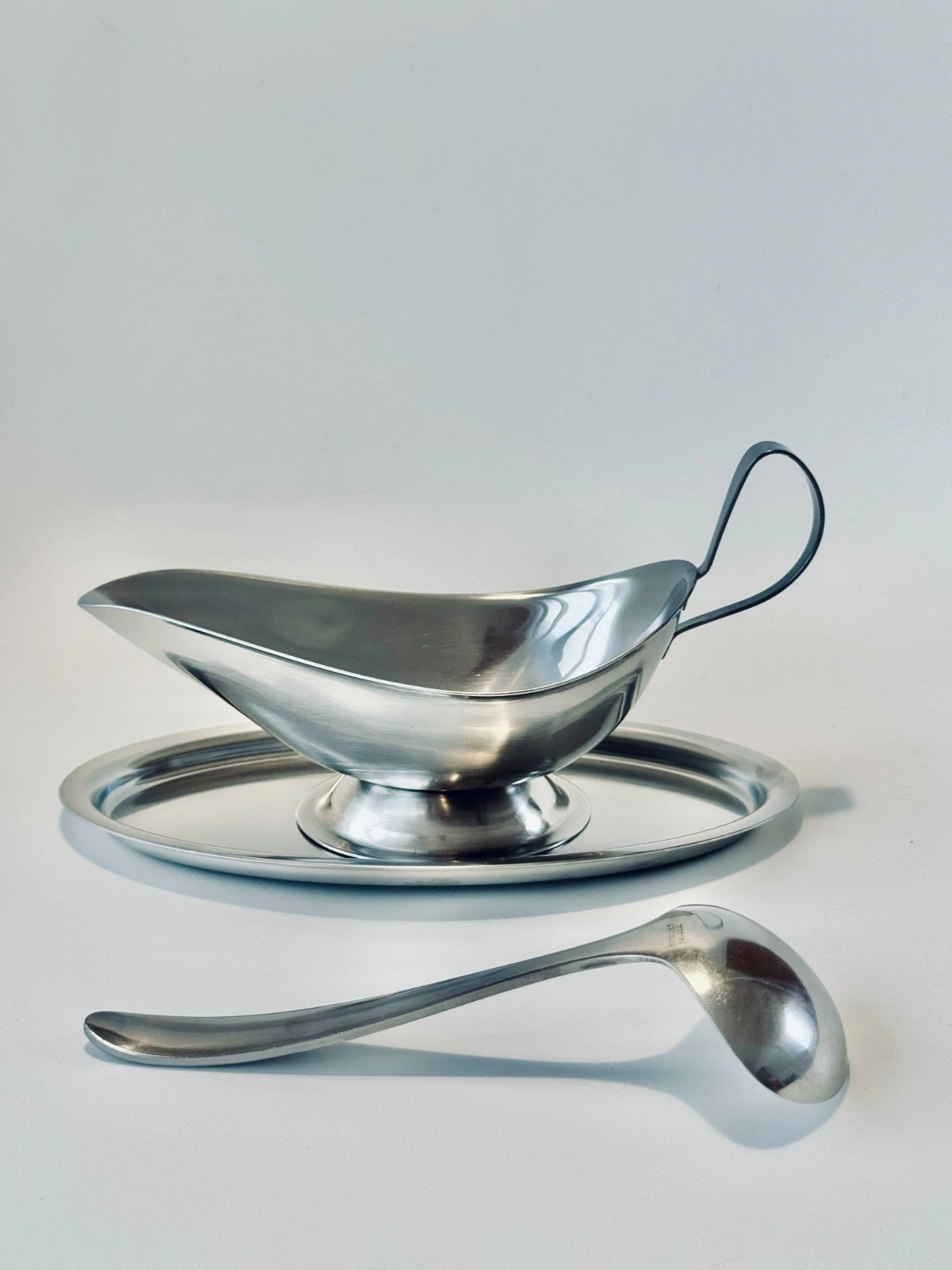 Mid-Century Cultura Swedish Stainless Steel Gravy/Sauce Boat with Tray & Ladle