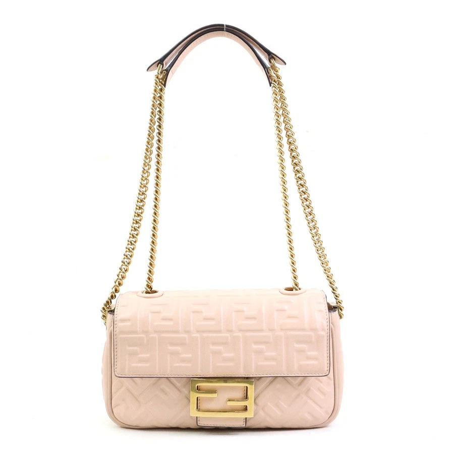 Fendi — Auth FENDI Baguette Chain Midi Shoulder Bag Pink Beige/Gold Leather - e60617a