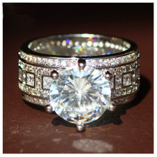 12MM CZ Engagement Ring with accents Cubic Zirconia White Gold Pl Sz 5 8 9 10 11