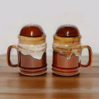 MCM 1960's Hull Pottery Brown Drip Glaze Large Oven Shaker Set w/ Handles