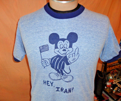 Vintage 1970's HEY IRAN! Mickey Mouse Political Heather Blue T