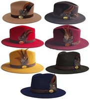 Hazy Blue Mens Ladies Fedora Wide Brim Wool Blend Felt Hat Pheasant Feather 