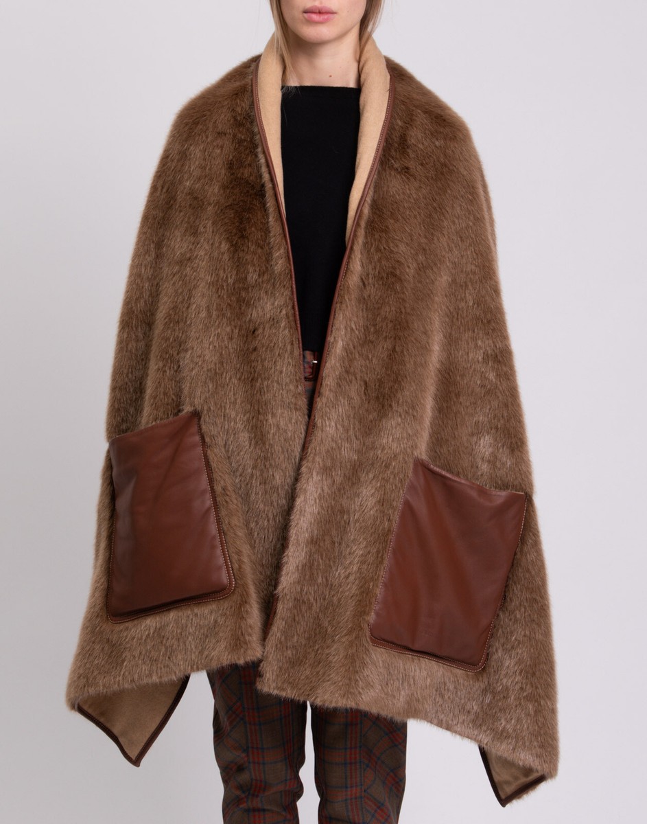 RRP€1779 BURBERRY Faux Fur Shawl / Coverup Cashmere Lining Leather