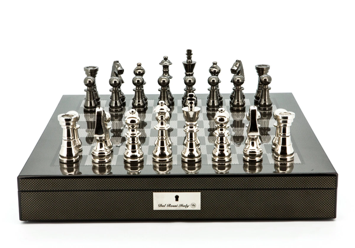 Dal Rossi 20" Carbon Fibre Finish Chess Set with Metal Dark Titanium Silver Pcs