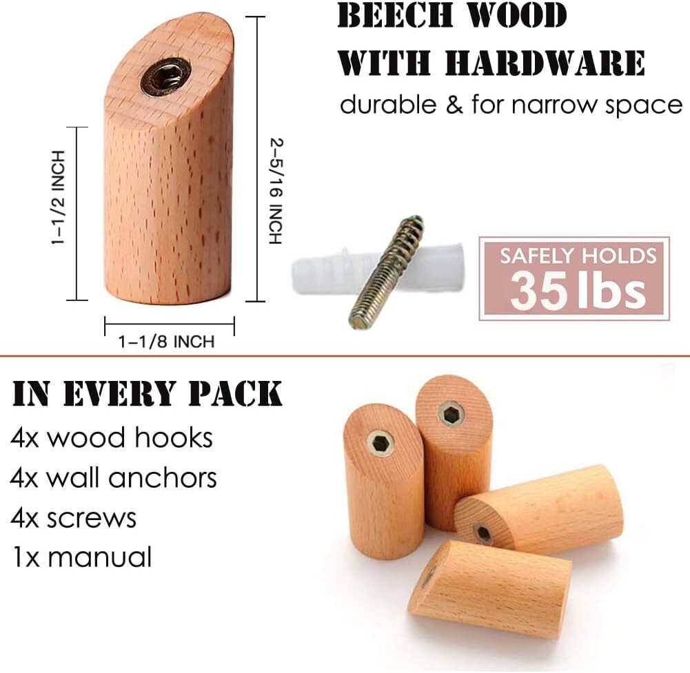 Felidio Wood Wall Hooks, Pack Coat Hooks Mounted Rustic Wooden