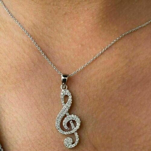 Colgante nota musical diamante creado en laboratorio corte redondo de 1,20 quilates enchapado en oro blanco de 14 k - Imagen 1 de 4
