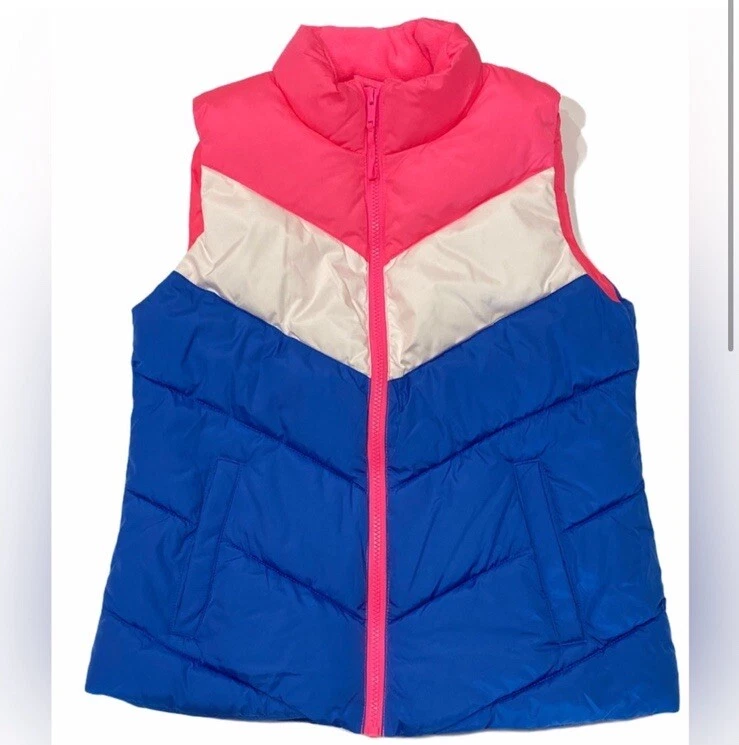 Chaleco acolchado GAP rosa neón azul blanco a rayas talla XL Foto 2 de 4