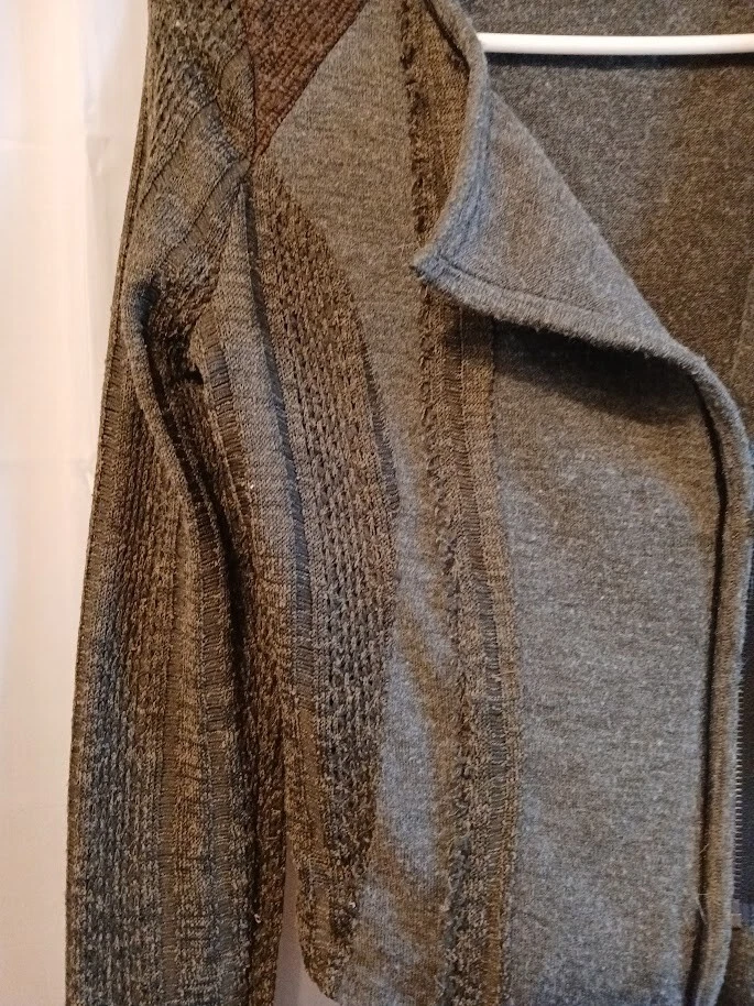 Cárdigan Suéter Mujer Miss Me Diseñador XS Gris Verde Marrón Crochet y Punto Cremallera Foto 3 de 4