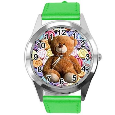 TAPORT Green Leather Quartz Round Watch for Teddy Bear Fans e2