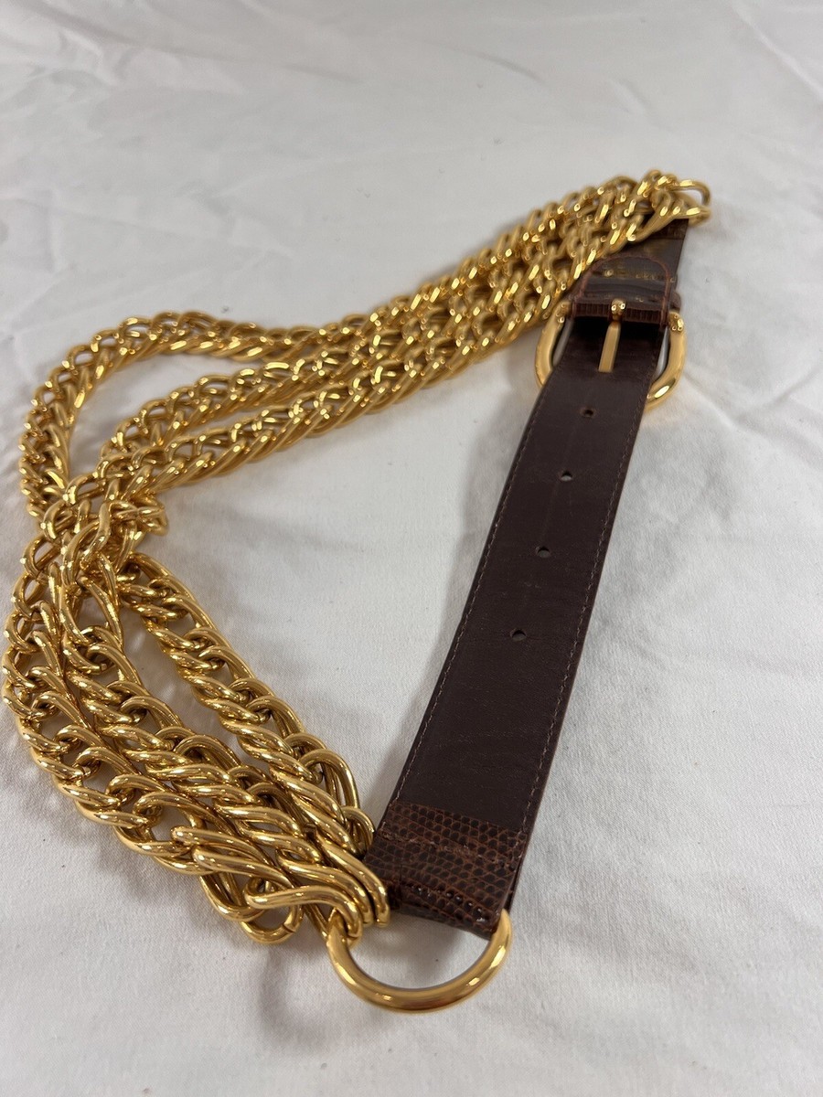 Rare GUCCI Brown Lizard and Leather Triple Golden Chain Belt 26\