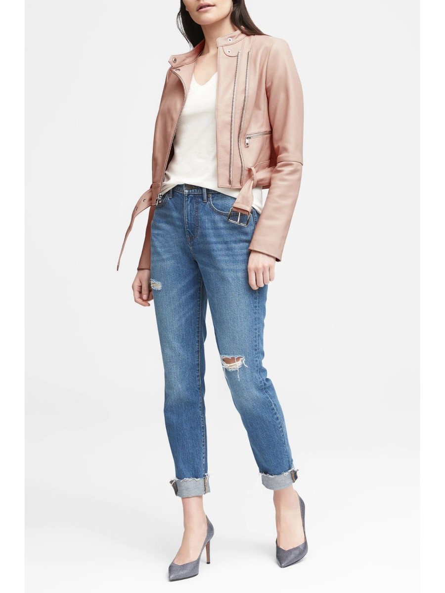 NWT Banana Republic Heritage Cropped Leather Moto Jacket, Peachy