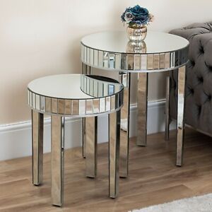 Large Mirrored Round Nest Of Tables Mirror Legs Side Table Living Room Hallway Ebay