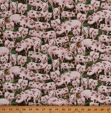 Cotton Animals Pigs Piglets Farm Farmer Green Fabric Print by the Yard D370.58