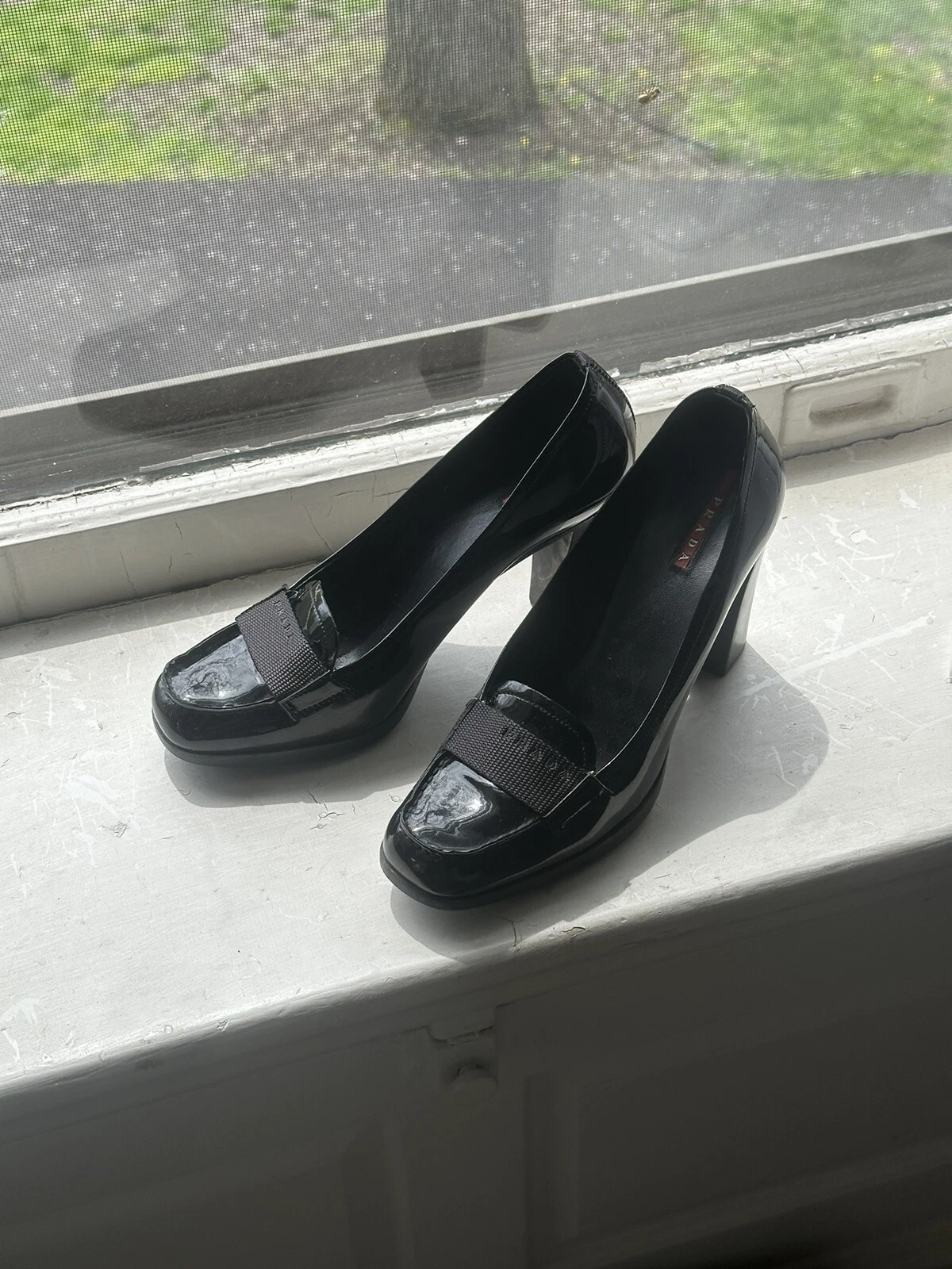 POMPE MOCASSINO PRADA NERO VERNICE tacco a blocco 38 1 2 38 5 EU 8 5 US #F07