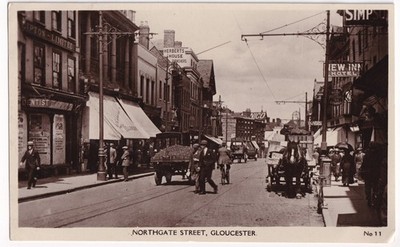 Northgate Street Gloucester Gloucestershire Straßenbahn Schienen Geschäfte W&K RPPC Postkarte