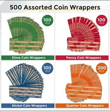 500 Coin Wrappers Assorted Flat Paper Rolls for Penny Nickel Dime Quarter