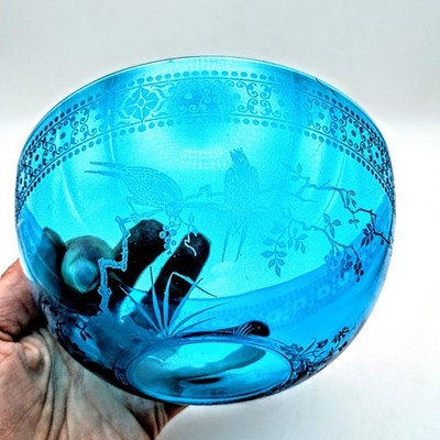 Antique Stourbridge Glass Etched Finger Bowl Aqua Blue Birds 5'' Japonisme