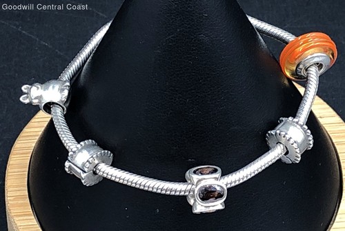 PANDORA Sterling Silver Snake Chain Slide Charms Bracelet W/ Glass, Crystal