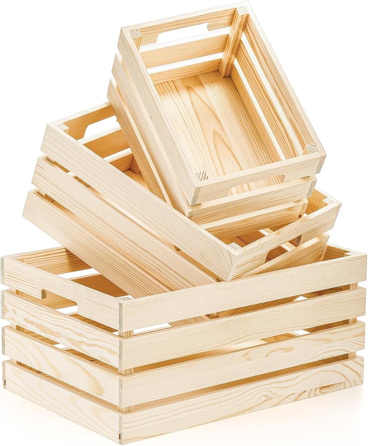 Youeon Set Of 3 Rustic Wooden Nesting Crates With Handles For Storage & Decor