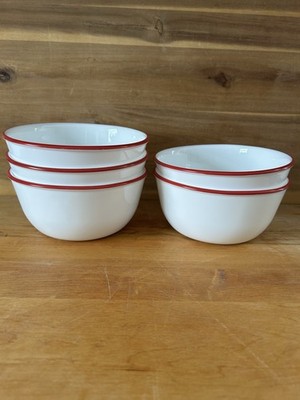 Corelle LUXE(Very Durable)5 Bowls 28oz White W/Red Rims EUC USA