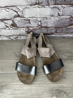 MUNRO American Blue Leather Beige Fabric Wedge Strap Sandals Women Sz 7M US/38EU