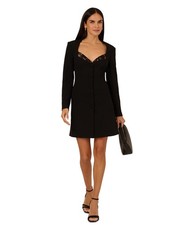 Adrianna Papell Blazer Dress Size 8 Black Cocktail Knit Crepe Lace Long Sleeve