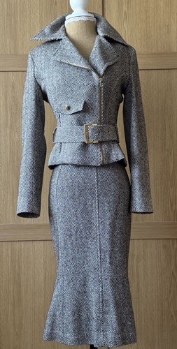 Cara Lotti Brown Herringbone Tweed Skirt Suit Women’s UK 10 Silk Angora Wool