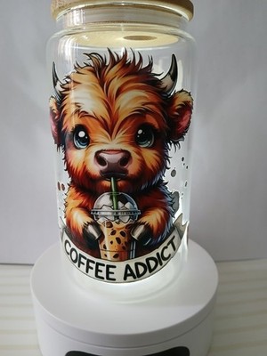 Decorated Glass Cup With Lid Floral Coffee Addict Design 16oz
