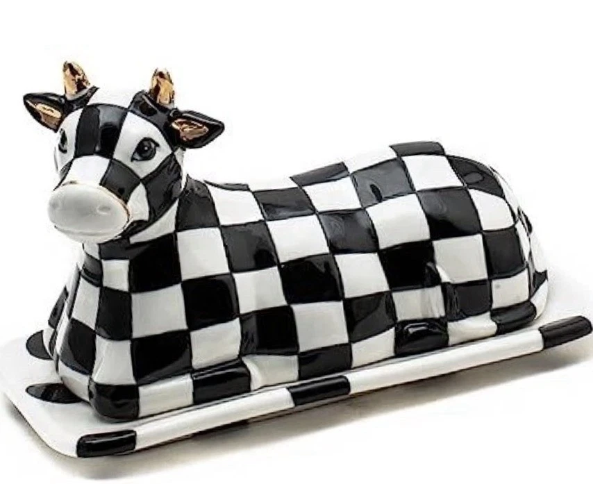 MACKENZIE CHILDS COW CREAMERY Butter Dish Courtly Check Retired