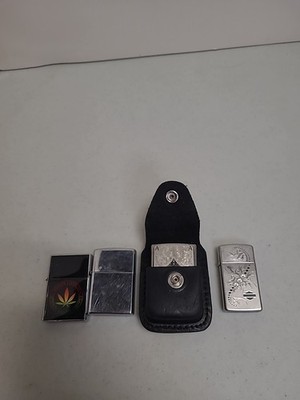 Vintage 3 Zippo, 1 Ehoo Lighter Variety Lot With Belt Clip Holder