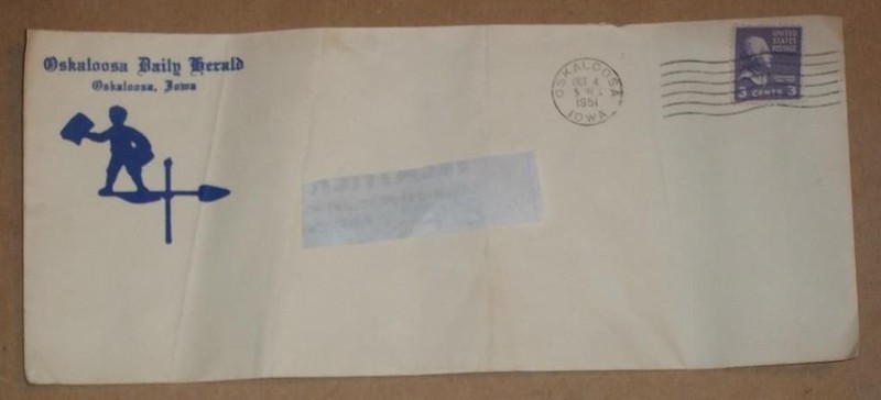 1951 POSTAL ENVELOPE COVER, OSKALOOSA DAILY HERALD, OSKALOOSA, IOWA