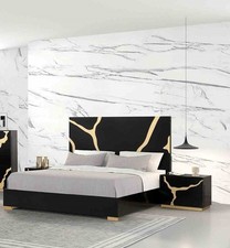 Queen Size 3pc Bed 2x Nightstand Set Bedroom Furniture Black Gold Finish