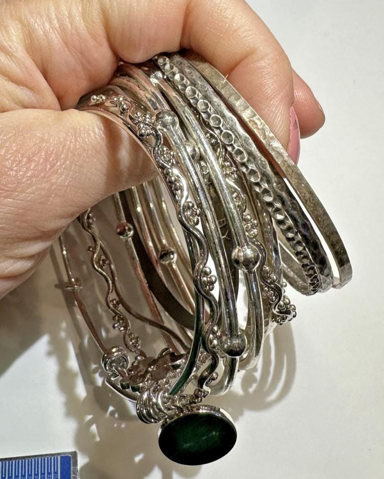Stackable chunky silver tone dangle charms bangle… - image 4