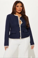 Fashion Nova Stay Timeless Tweed Navy Blue Contrast Trim Blazer Jacket Size XL