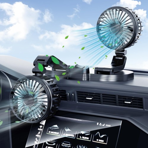 Car Fan, 360° Rotation Dual Head USB Fan Portable Portable Vehicle Cooling Fa...