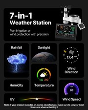 7-in-1 Wireless Weather Station, 7.5-Inch VA Display, Solar Powered Outdoor