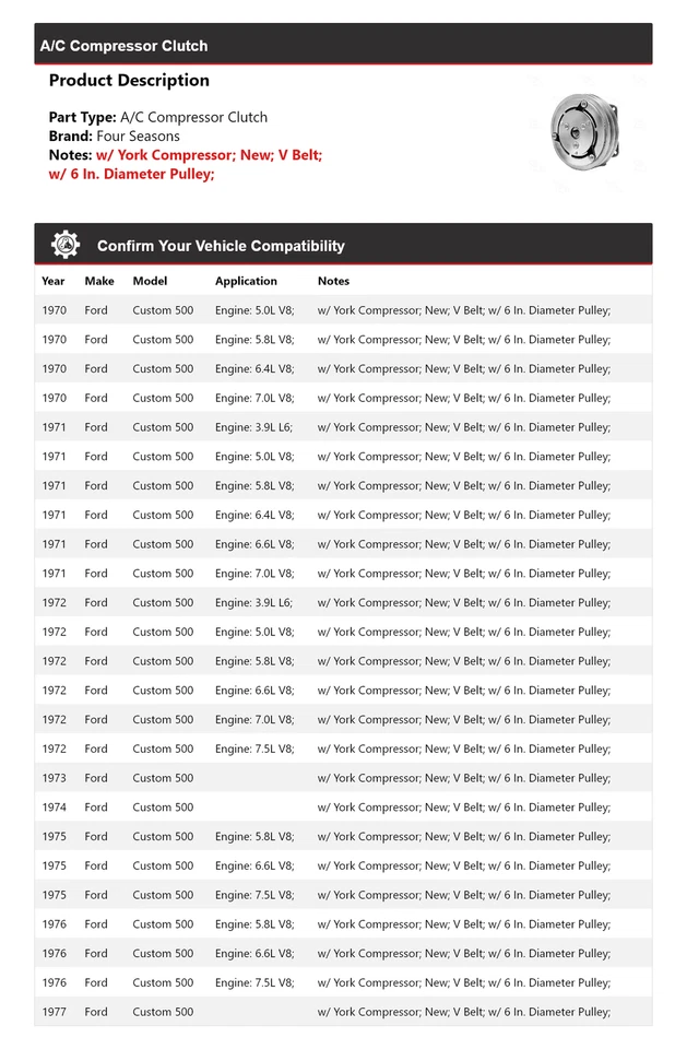 Embrague compresor aire acondicionado Ford Custom 500 1970-1977 4 estaciones 1971 1972 1973 Foto 2 de 4